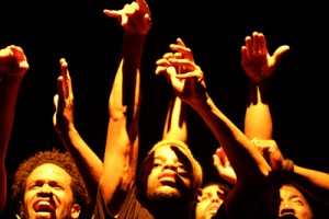 (Left to right): Dahlak Brathwaite, Michael Turner, Daveed Diggs, and Khalil Anthony in "Word Becomes Flesh." Photo by Jati Lindsay, Hip-Hop Theater Festival.